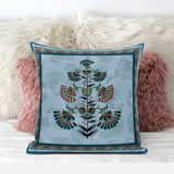 18x18 Sky Blue Red Blown Seam Broadcloth Floral Throw Pillow