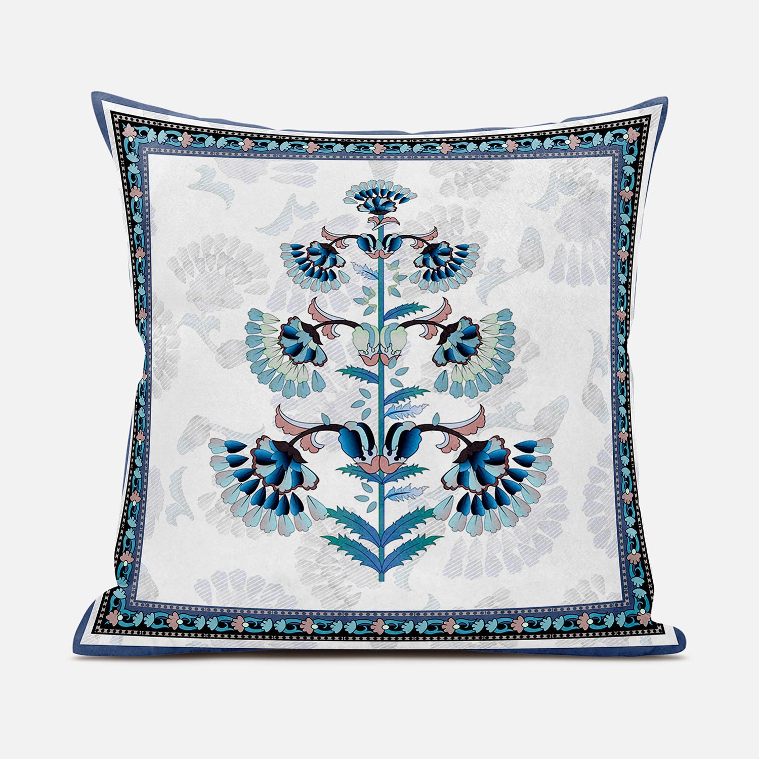 28x28 Off White Blue Black Blown Seam Broadcloth Floral Throw Pillow