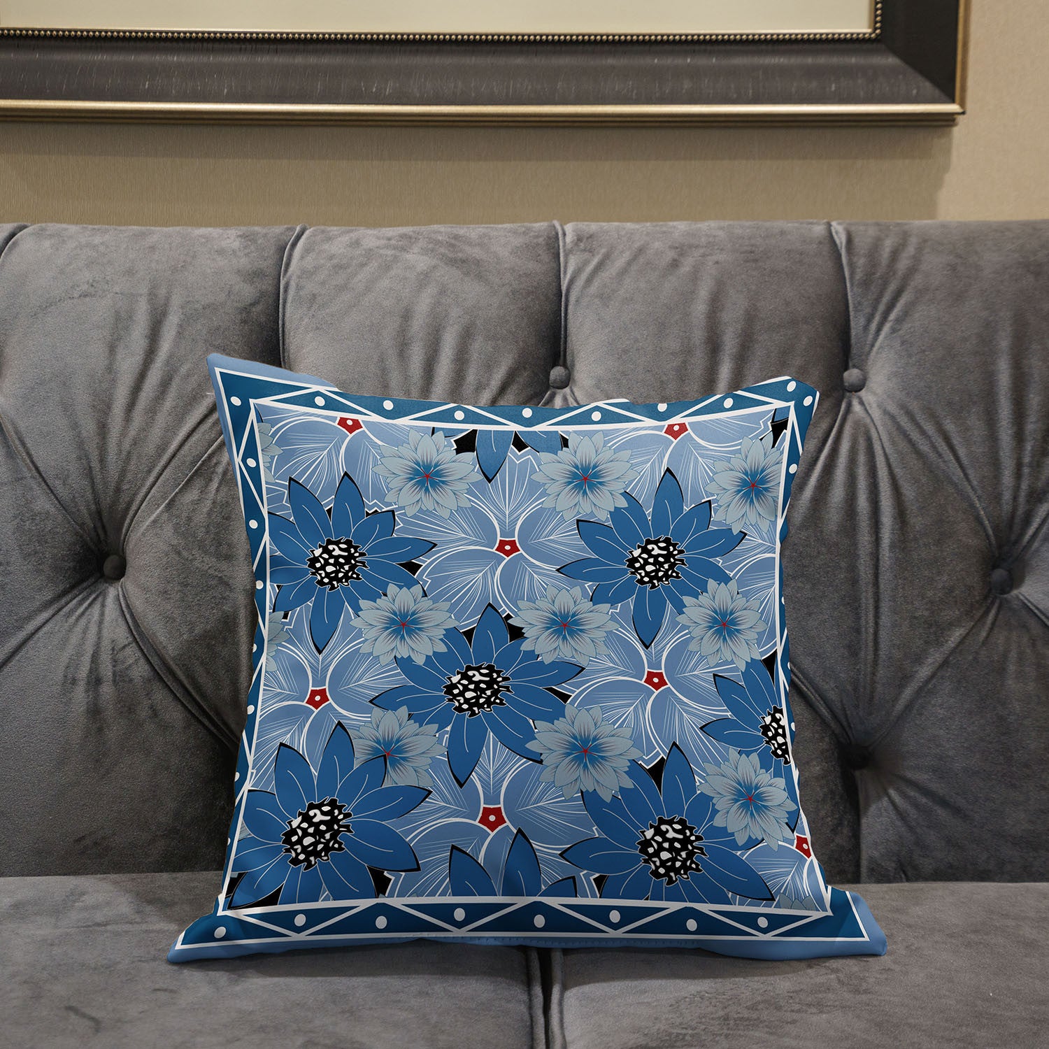 18x18 Gray Blue Blown Seam Broadcloth Floral Throw Pillow