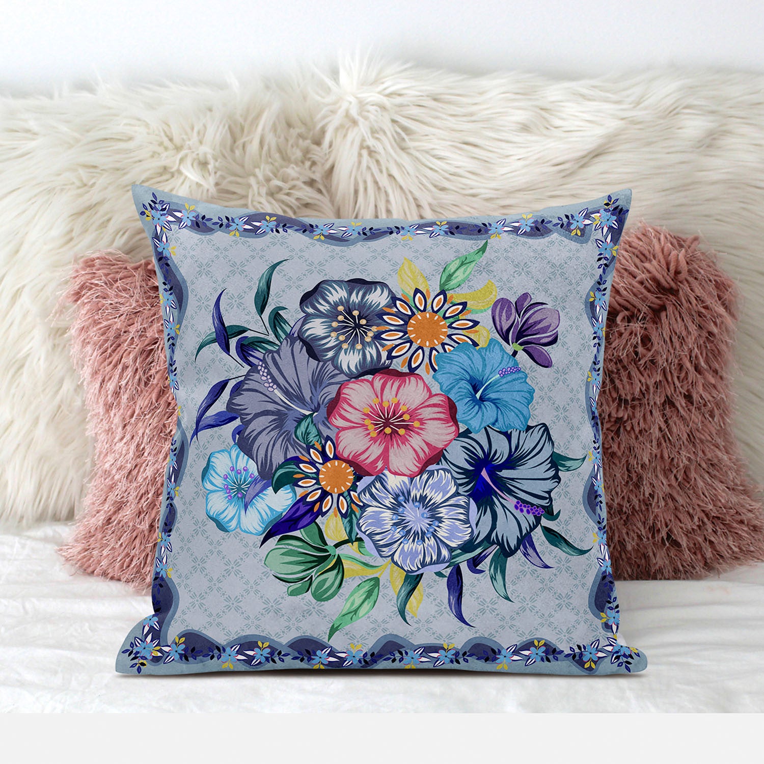 28x28 Blue Pink Gray Blown Seam Broadcloth Floral Throw Pillow