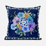 18x18 Indigo Yellow DarkBlue Blown Seam Broadcloth Floral Throw Pillow