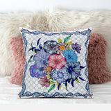 18x18 White Blue Blown Seam Broadcloth Floral Throw Pillow