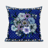 16" Blue and Gray Floral Indoor Outdoor Throw Pillow