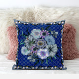 16" Blue and Gray Floral Indoor Outdoor Throw Pillow