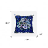 16" Blue and Gray Floral Indoor Outdoor Throw Pillow