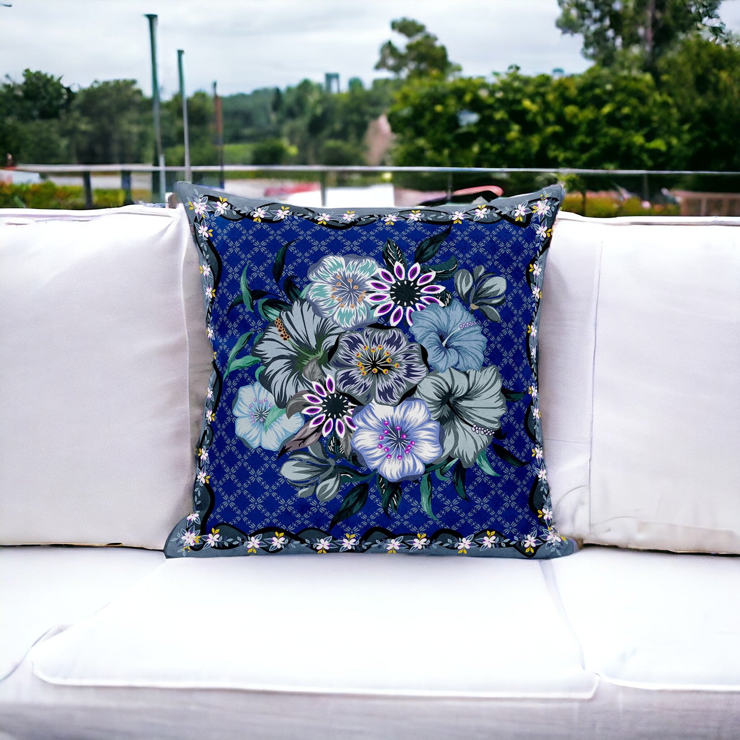 16" Blue and Gray Floral Indoor Outdoor Throw Pillow