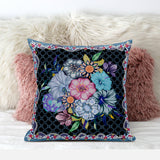 28x28 Black Blue Blown Seam Broadcloth Floral Throw Pillow