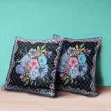 28x28 Black Blue Blown Seam Broadcloth Floral Throw Pillow