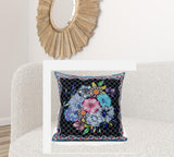 28x28 Black Blue Blown Seam Broadcloth Floral Throw Pillow