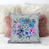 20x20 Beige Blue Gray Blown Seam Broadcloth Floral Throw Pillow