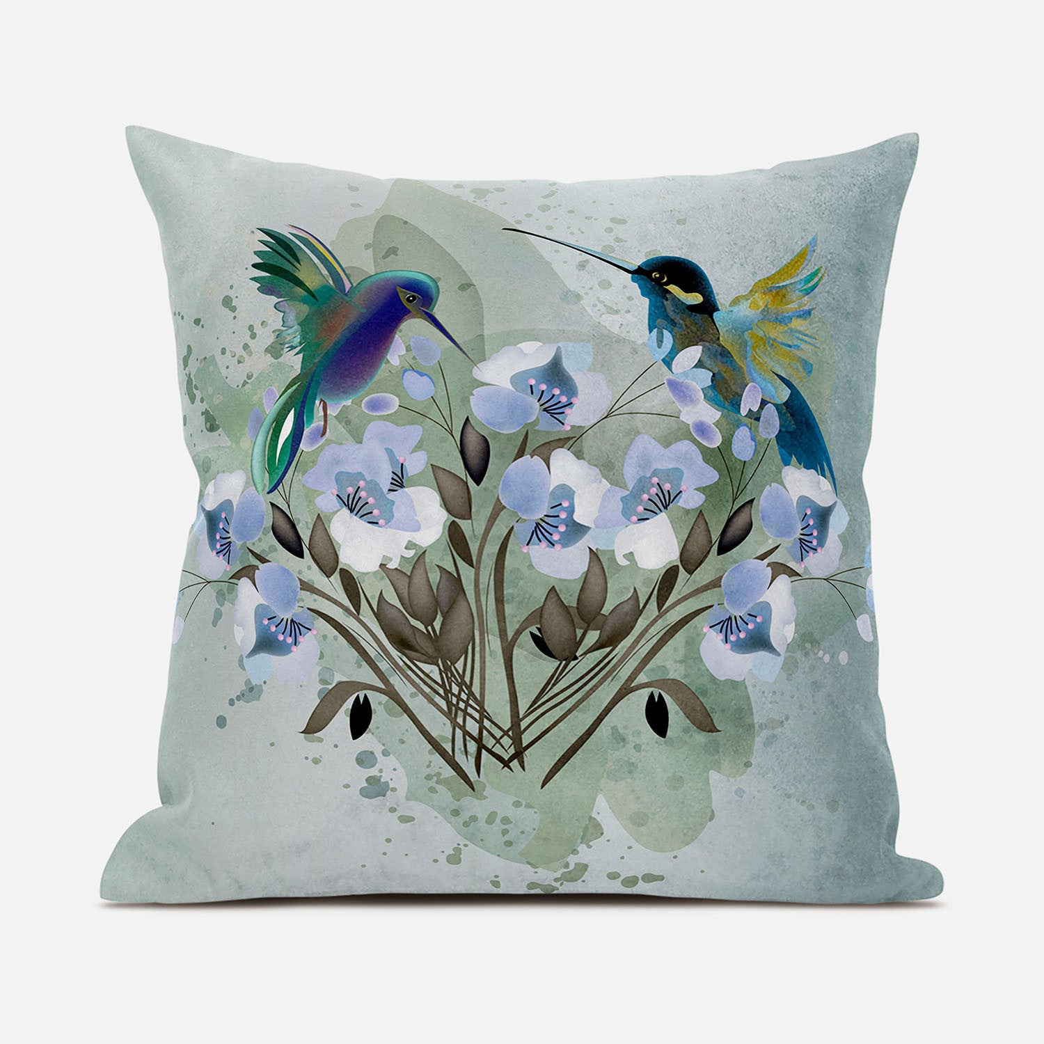 18x18 Green Blue Bird Blown Seam Broadcloth Animal Print Throw Pillow