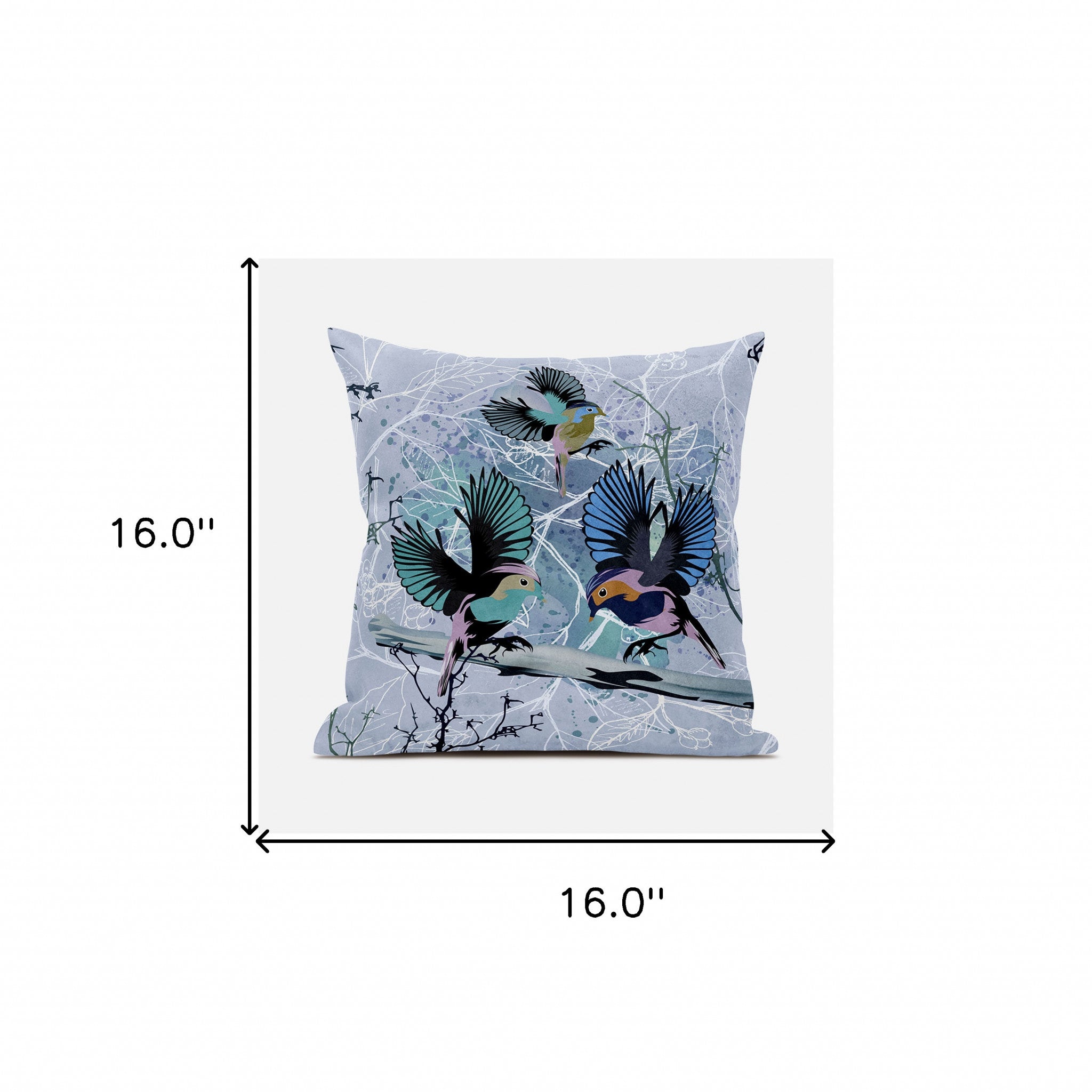 16x16 Blue Pink Gray Bird Blown Seam Broadcloth Animal Print Throw Pillow