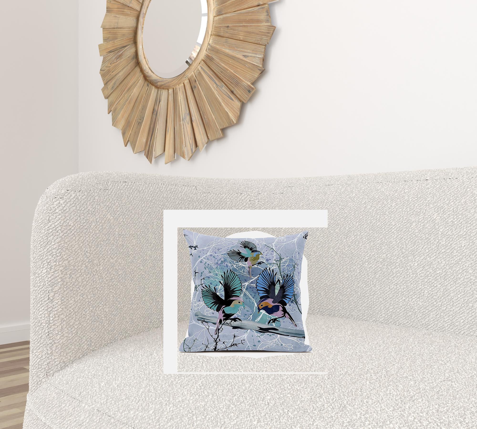 18x18 Blue Pink Gray Bird Blown Seam Broadcloth Animal Print Throw Pillow