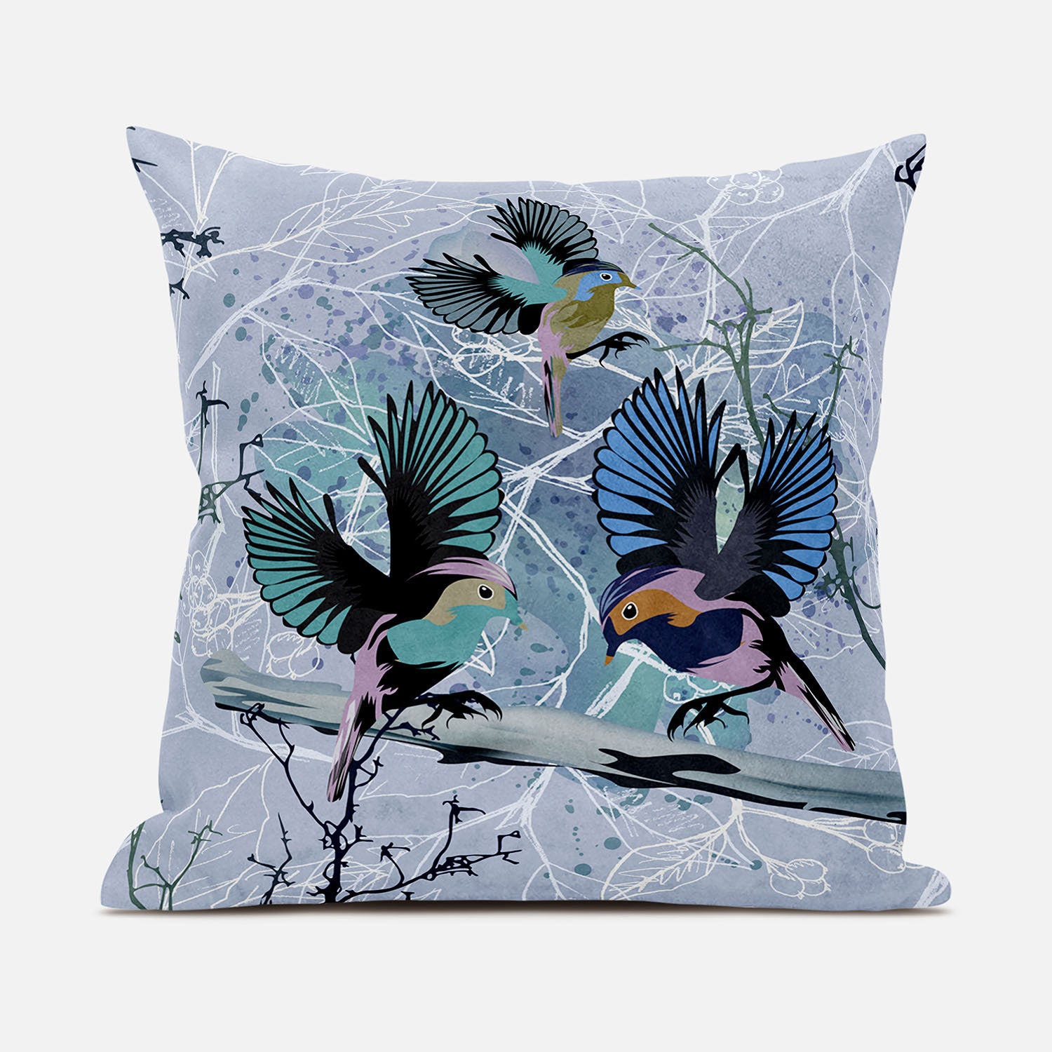 26x26 Blue Pink Gray Bird Blown Seam Broadcloth Animal Print Throw Pillow