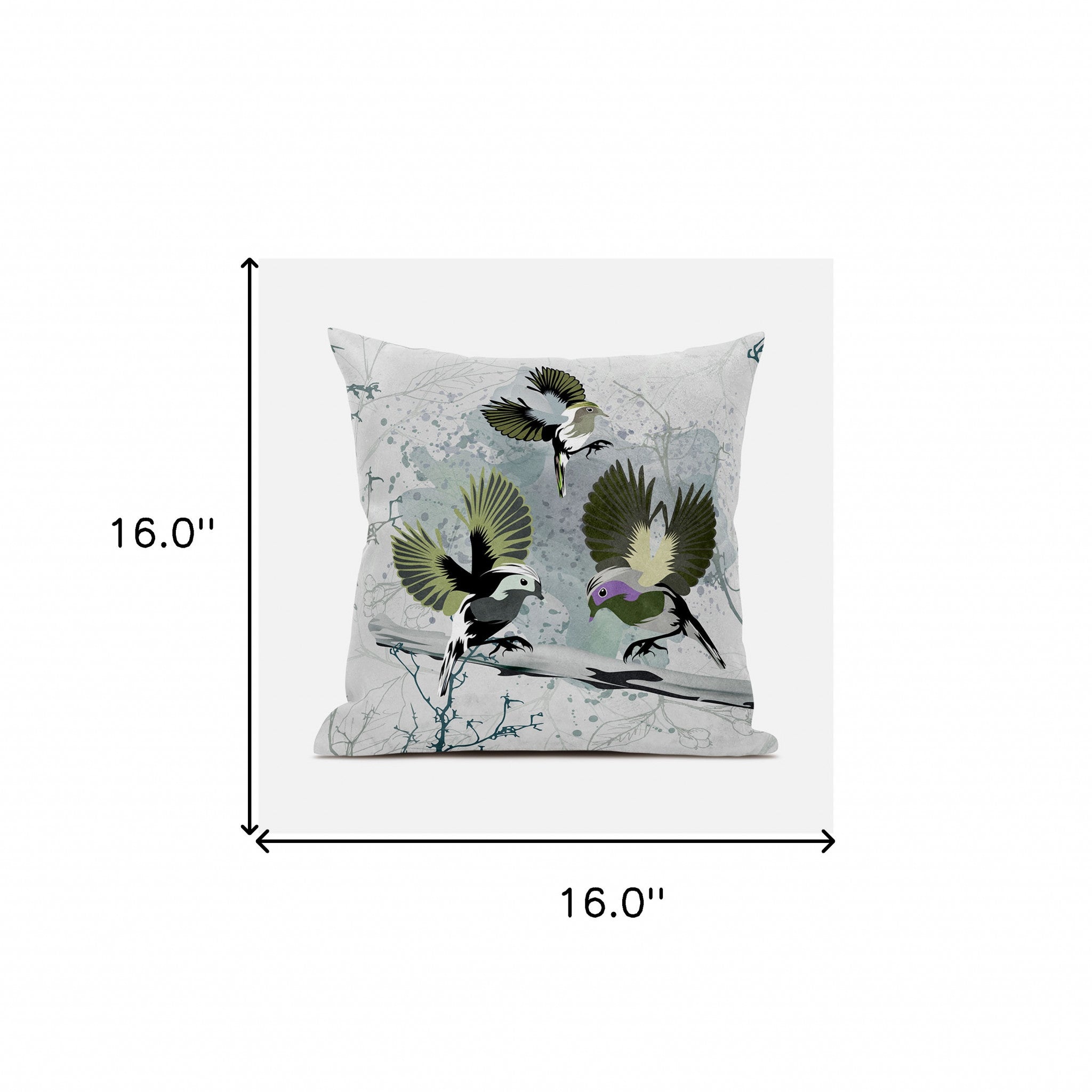 16x16 OliveGreen Offwhite Bird Blown Seam Broadcloth Animal Print Throw Pillow