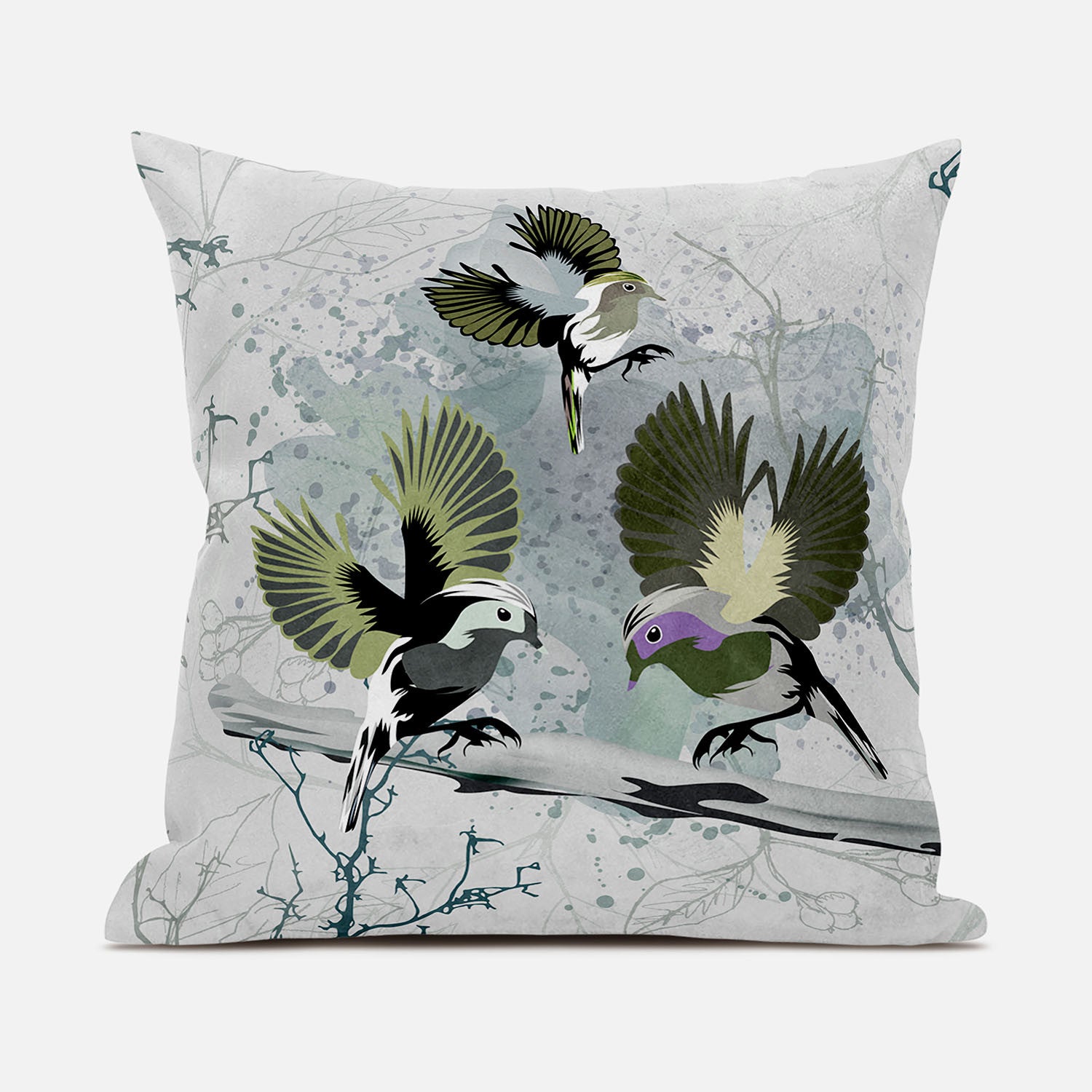 20x20 OliveGreen Offwhite Bird Blown Seam Broadcloth Animal Print Throw Pillow