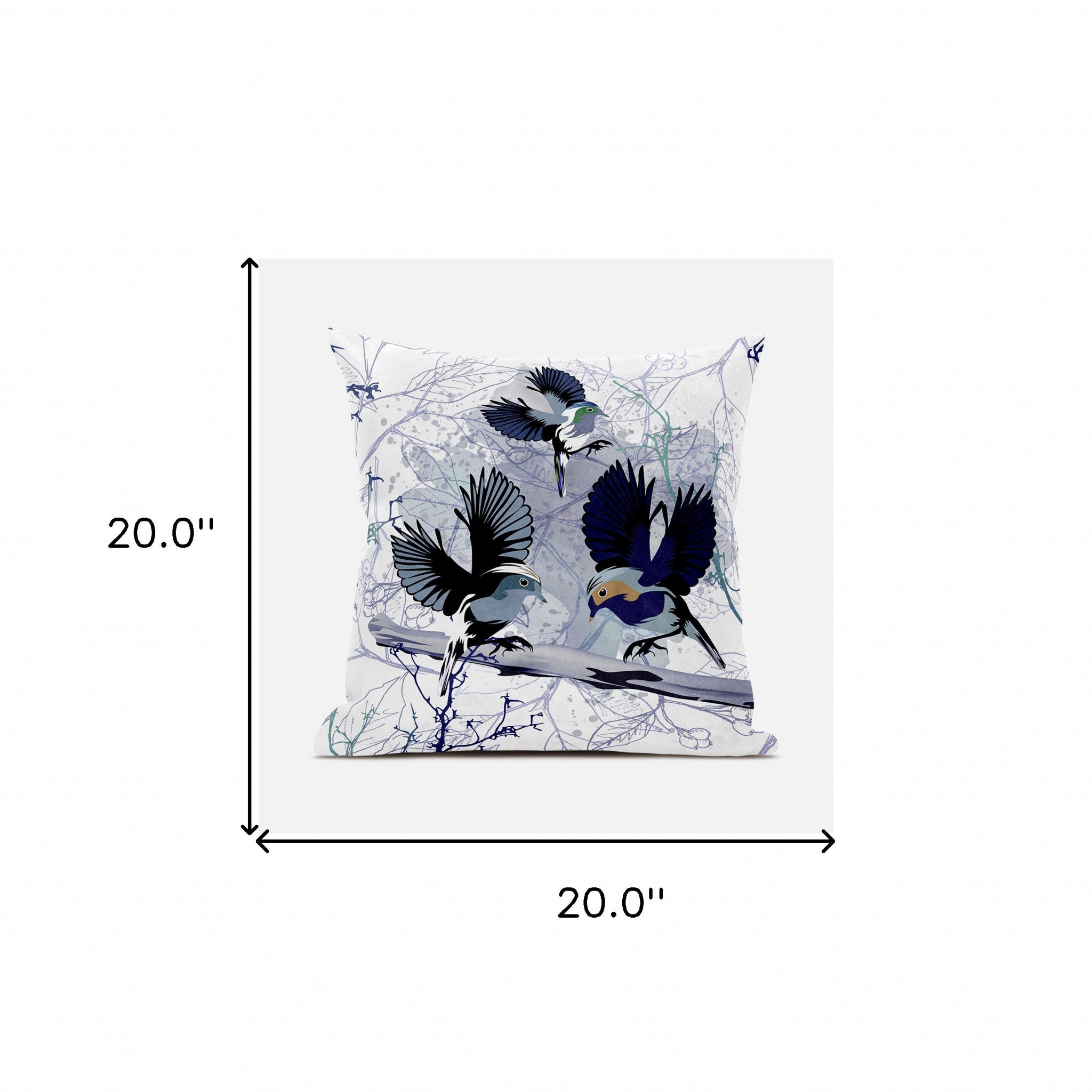 20x20 Black White Bird Blown Seam Broadcloth Animal Print Throw Pillow