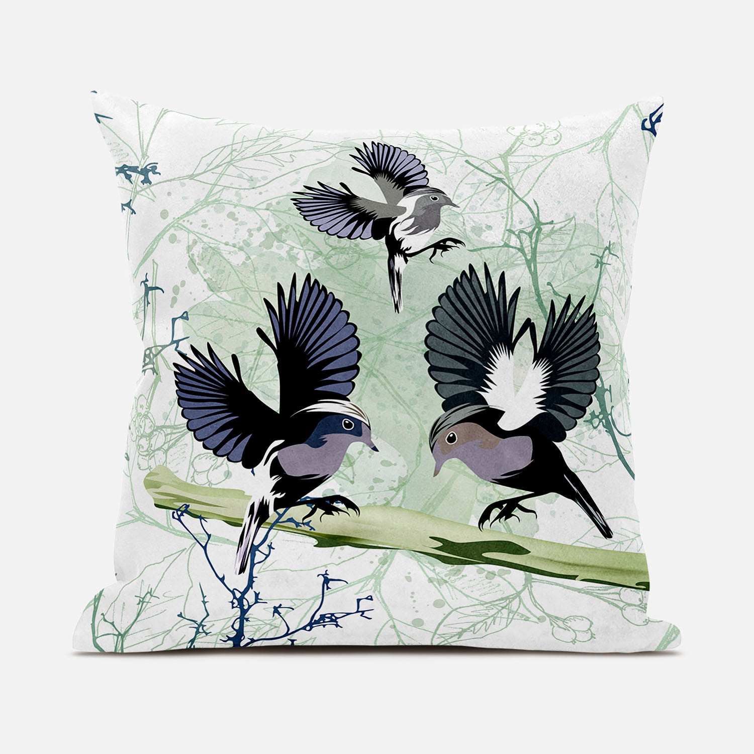 16x16 OffWhite Green Gray Bird Blown Seam Broadcloth Animal Print Throw Pillow