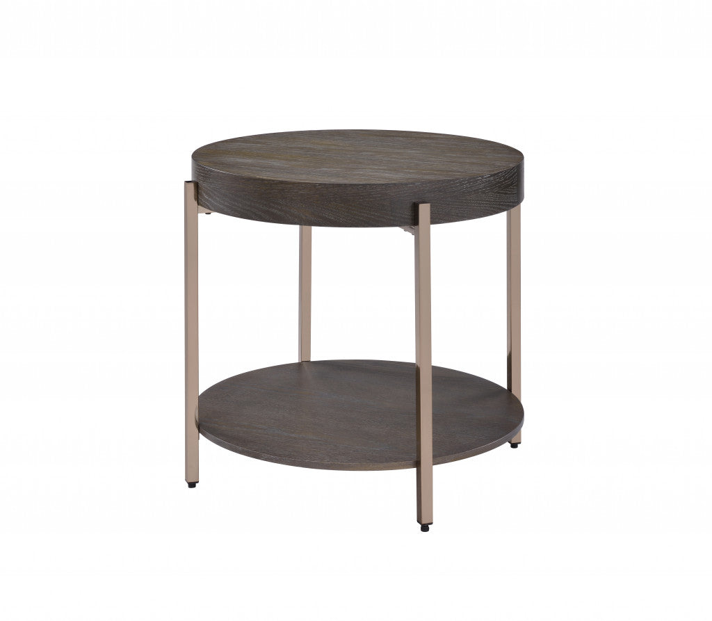 23" Champagne Metal And Dark Oak Manufactured Wood Round Two Tier End Table