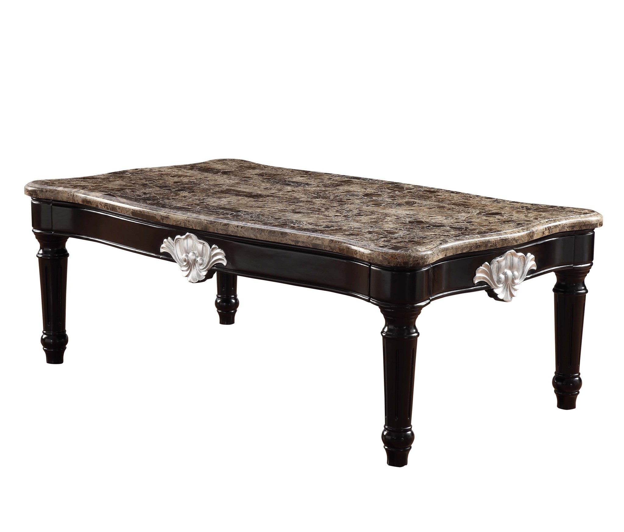 56" Brown And Black Faux Marble And Solid And Manufactured Wood Coffee Table