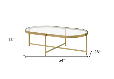 54" Gold And Clear Glass Oval Coffee Table