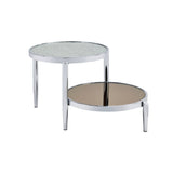 37" Chrome And Silver Mirrored Two Tier Round Mirrored Coffee Table