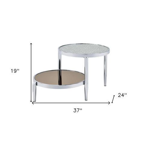 37" Chrome And Silver Mirrored Two Tier Round Mirrored Coffee Table