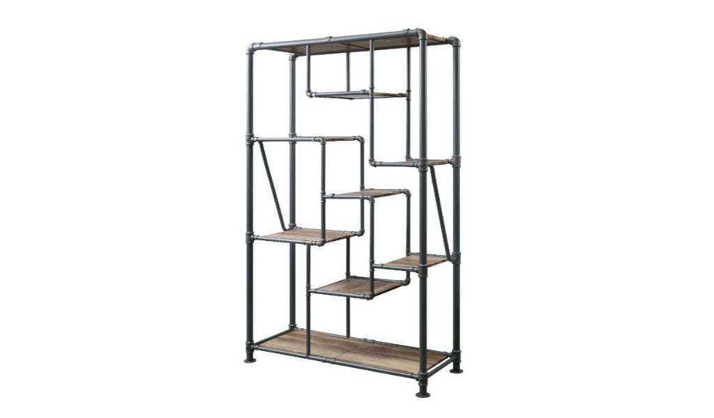 75" Antique Oak And Gray Metal Eight Tier Industrial Bookcase
