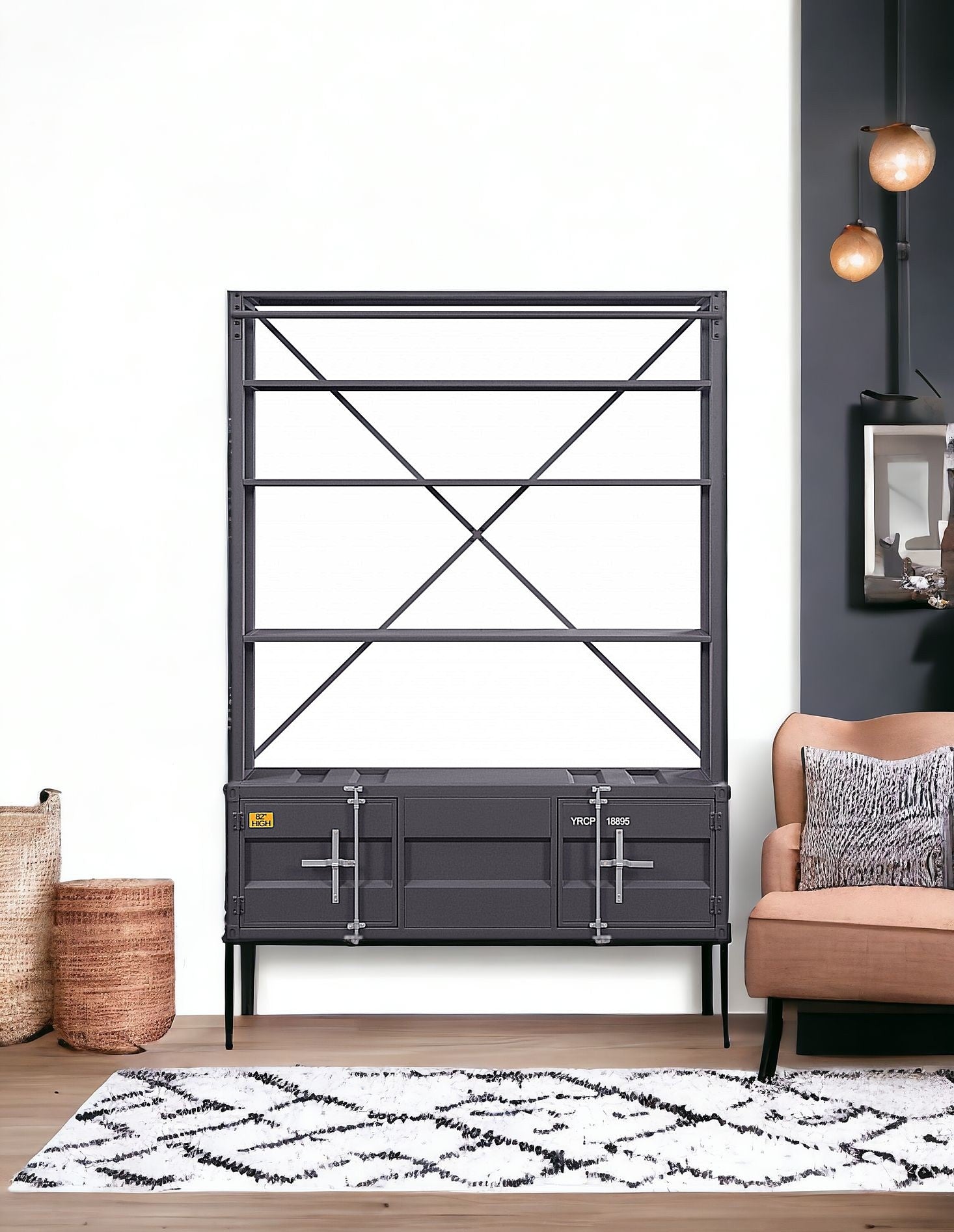 83" Gray Four Tier Cargo Style Bookcase with Cabinets and Ladder