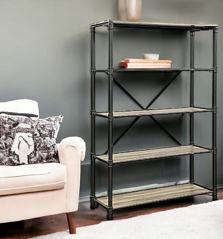 71" Antique Oak And Gray Distressed Four Tier Bookcase