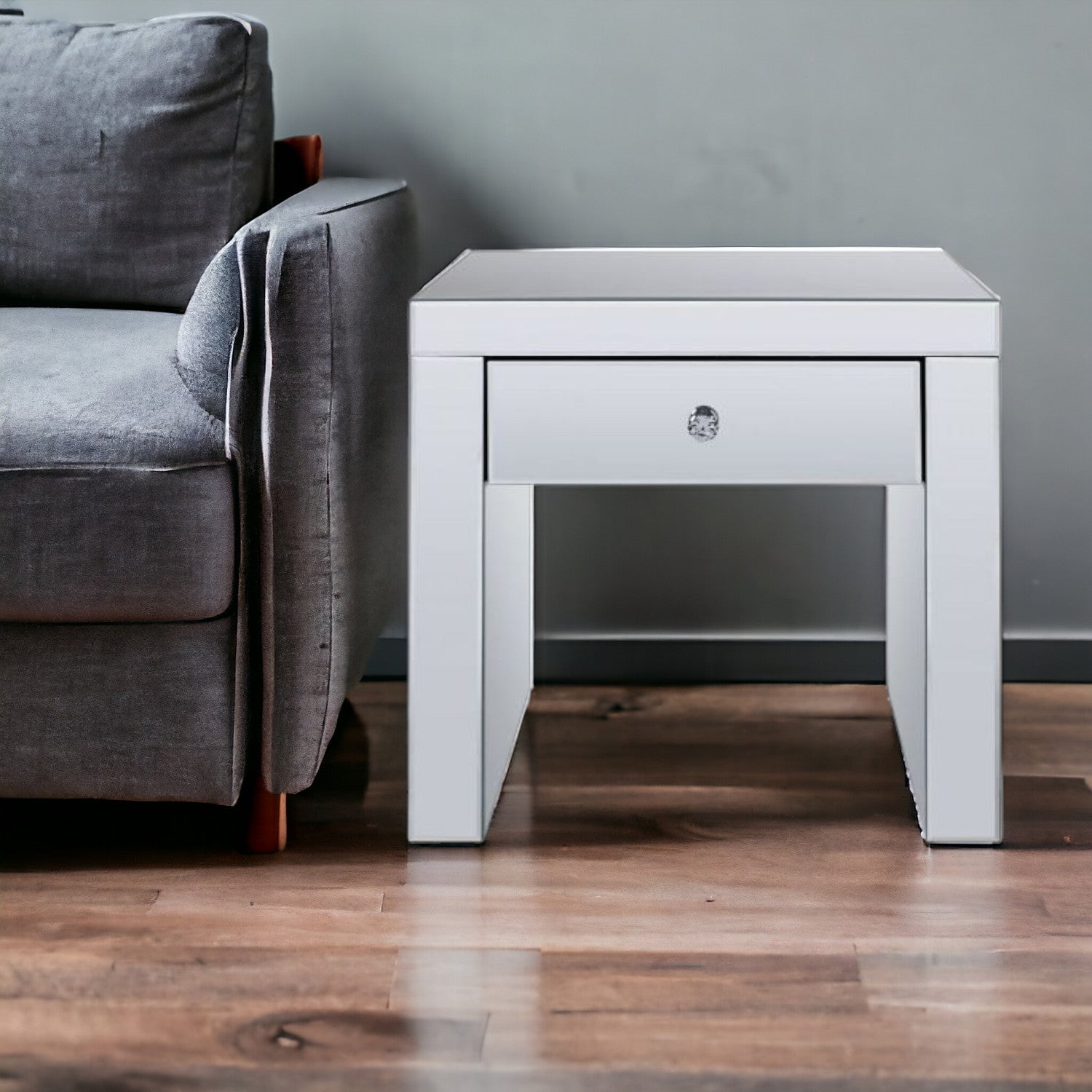 23" Silver Glass Square End Table With Drawer