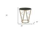 24" Champagne And Black Faux Marble Glass And Metal Round End Table