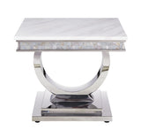 20" Silver And White Marble Look Stainless Steel Square End Table