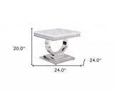 20" Silver And White Marble Look Stainless Steel Square End Table