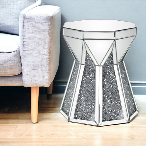 24" Gray And Silver Mirrored Round Mirrored End Table