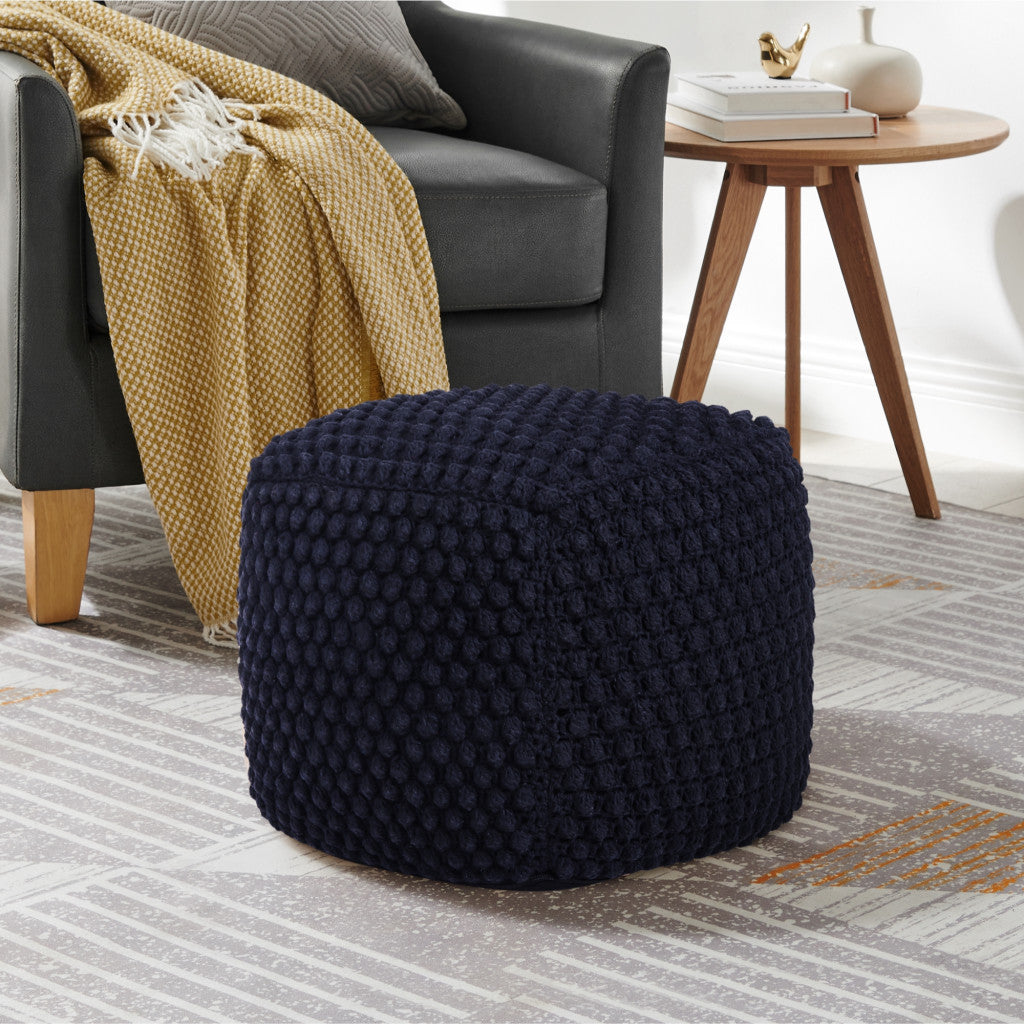 18" Navy Blue Cotton Blend Pouf Ottoman