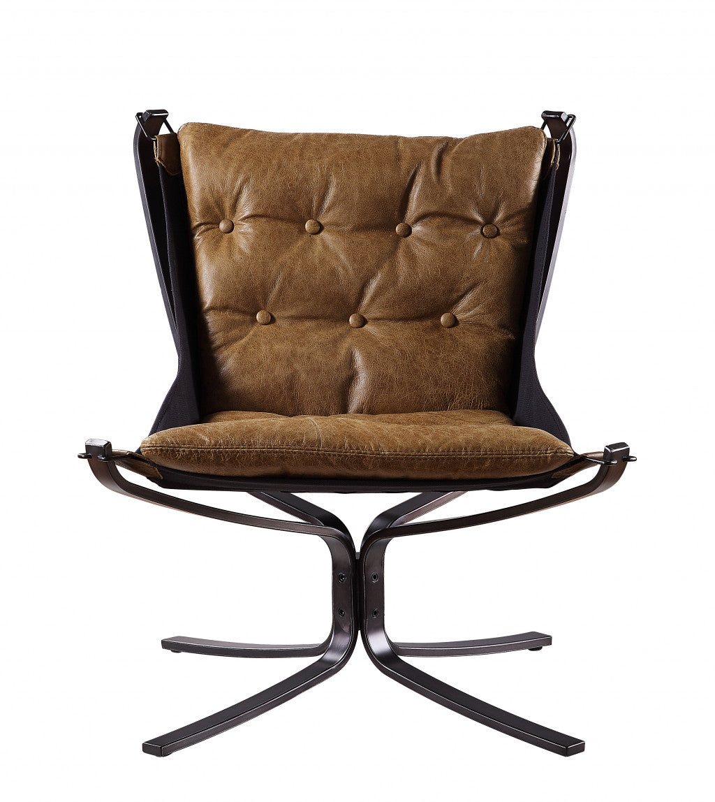 30" Coffee Top Grain Leather And Steel Solid Color Lounge Chair