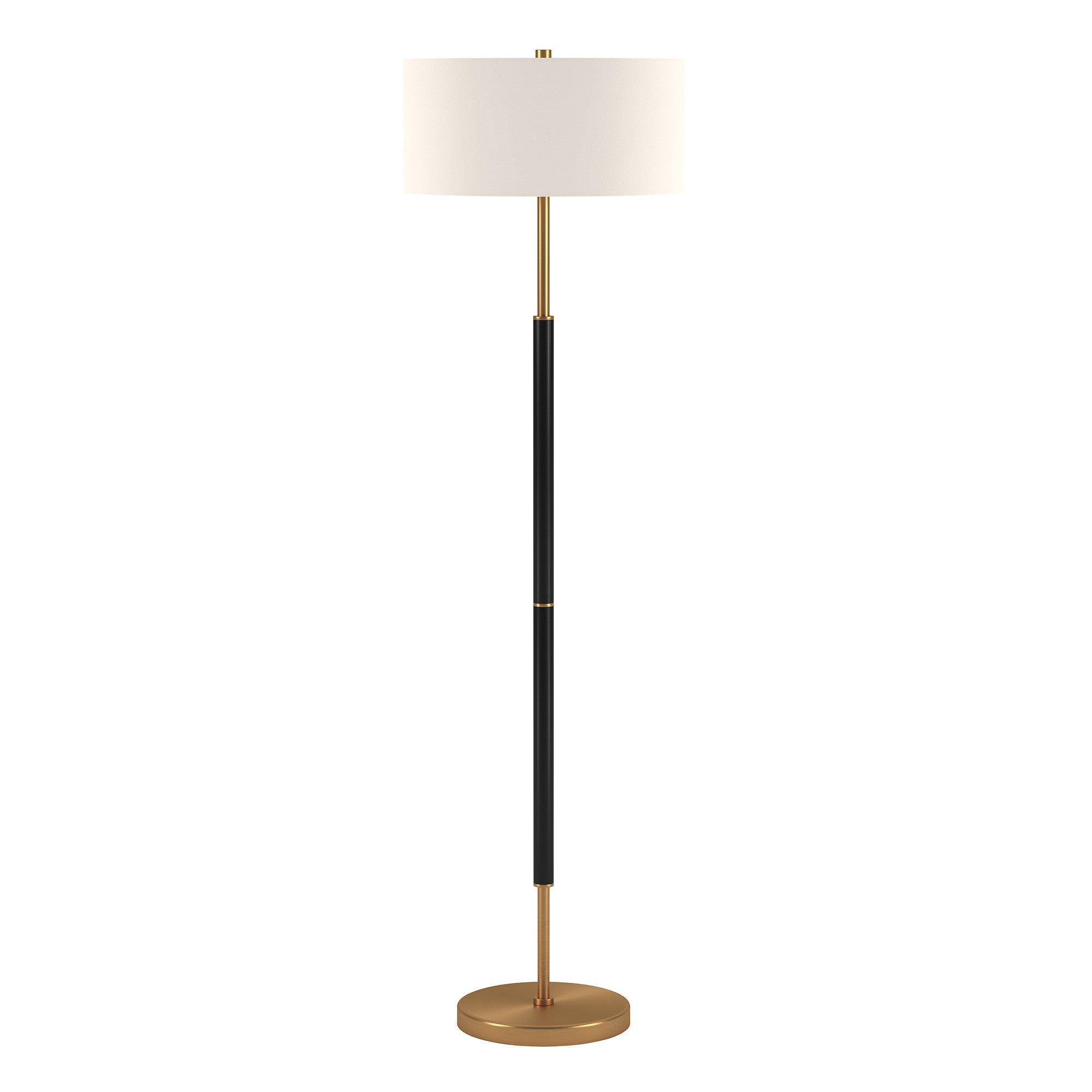 61" Black and Brass Two Light Floor Lamp With White Drum Shade