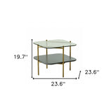 20" Gold And Clear Glass And Metal Square End Table With Shelf