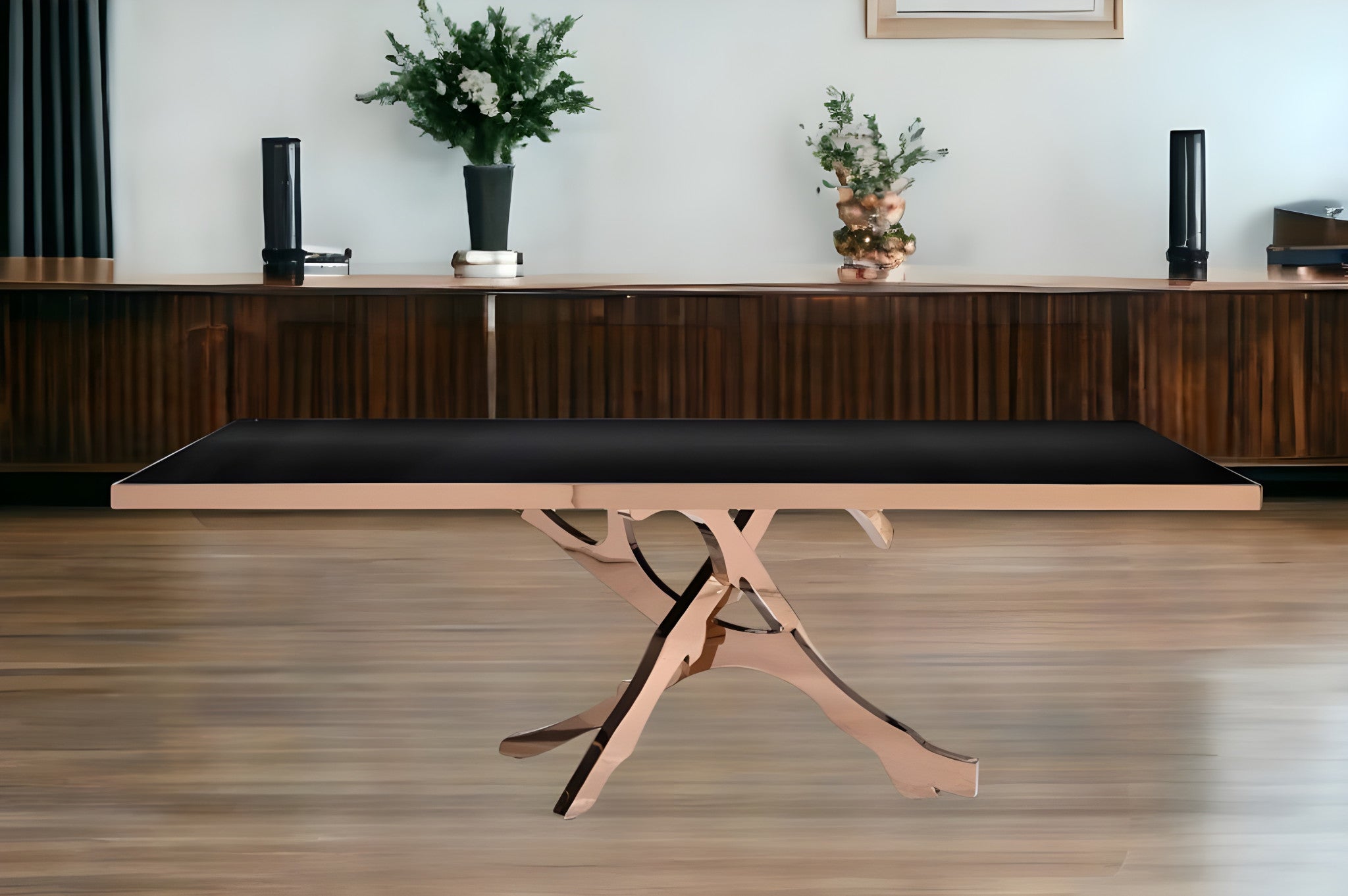 87" Black Glass And RoseGold Abstract Pedestal Base Dining Table