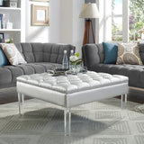 35" Silver Faux Leather And Clear Tufted Cocktail Ottoman