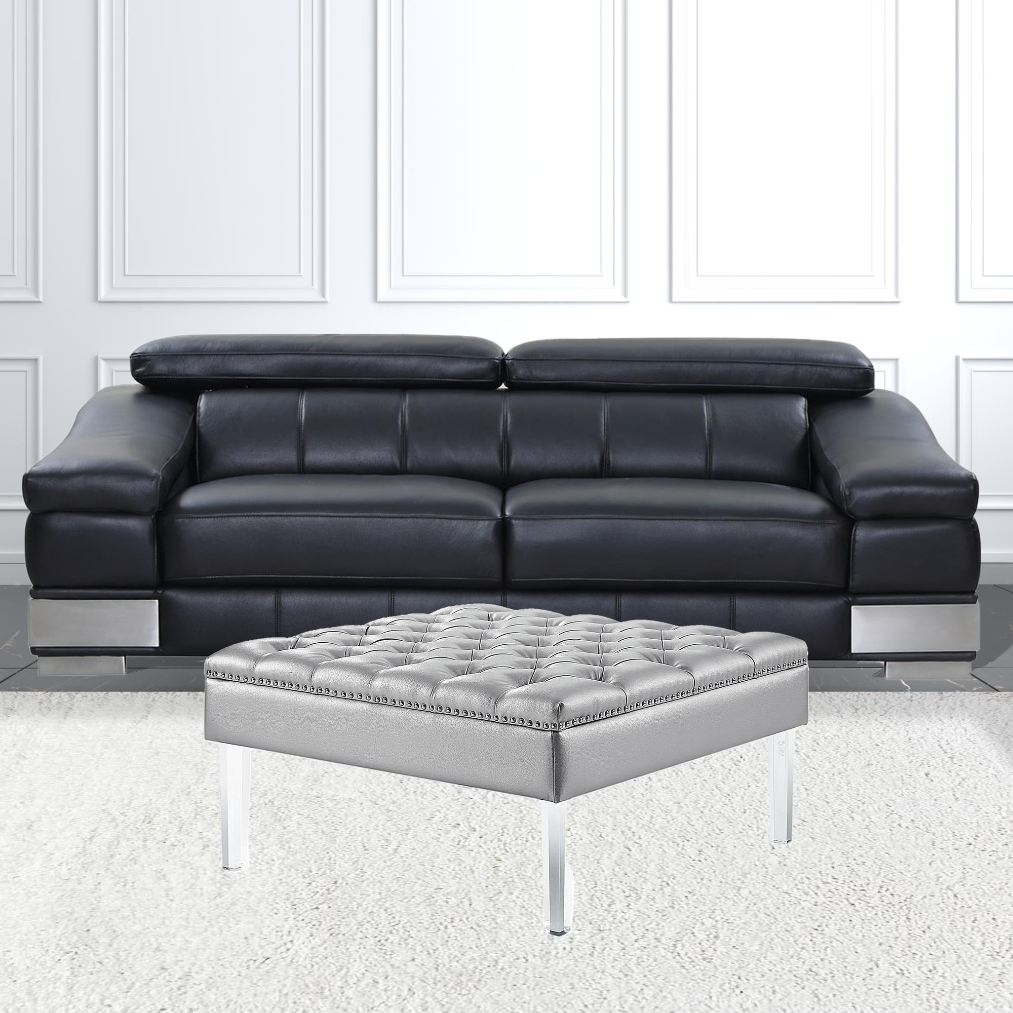 35" Silver Faux Leather And Clear Tufted Cocktail Ottoman