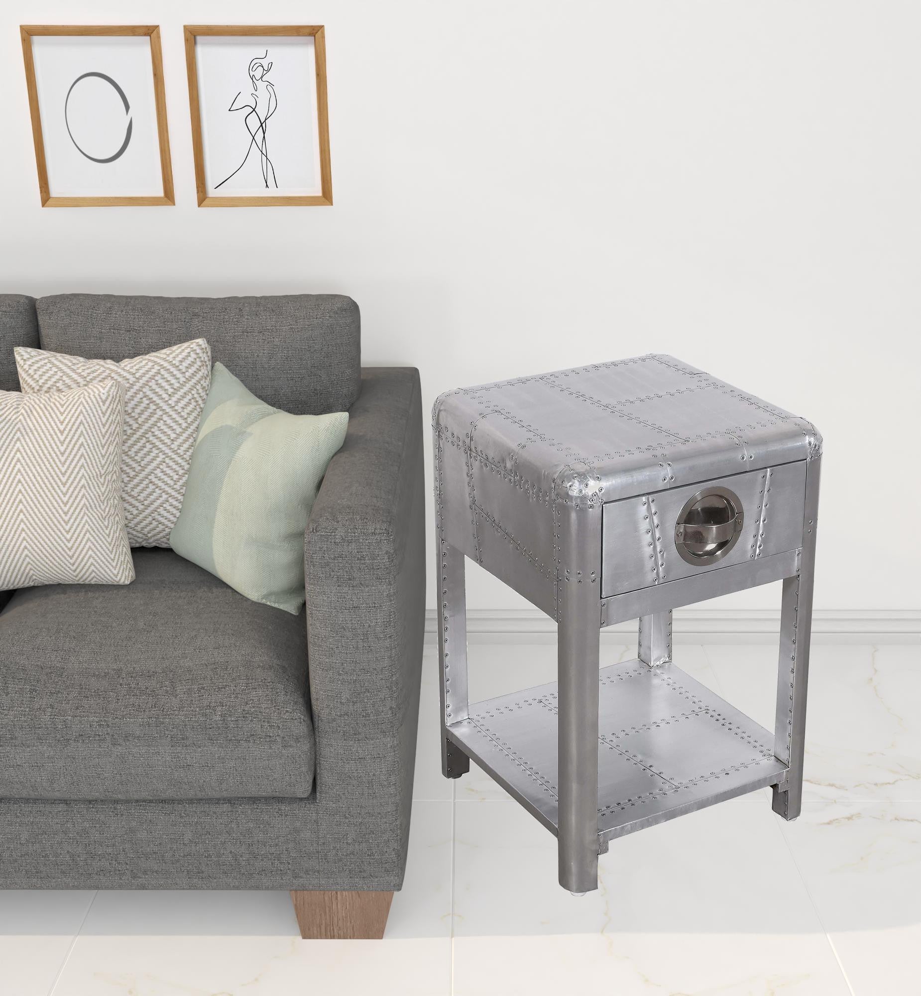 24" Silver Aluminum Square End Table With Drawer And Shelf