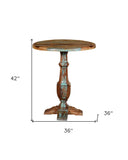 36" Brown and Patina Distressed Wood Round Pedestal High Top Table