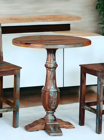 36" Brown and Patina Distressed Wood Round Pedestal High Top Table