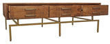 56" Brass And Brown Solid Wood Rectangular Distressed Storage Coffee Table