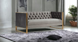 75" Grey and Gold Tufted Velvet Chesterfield Style Sofa