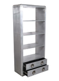 71" Silver Aluminum and Metal Four Tier Bookcase with Two Drawers