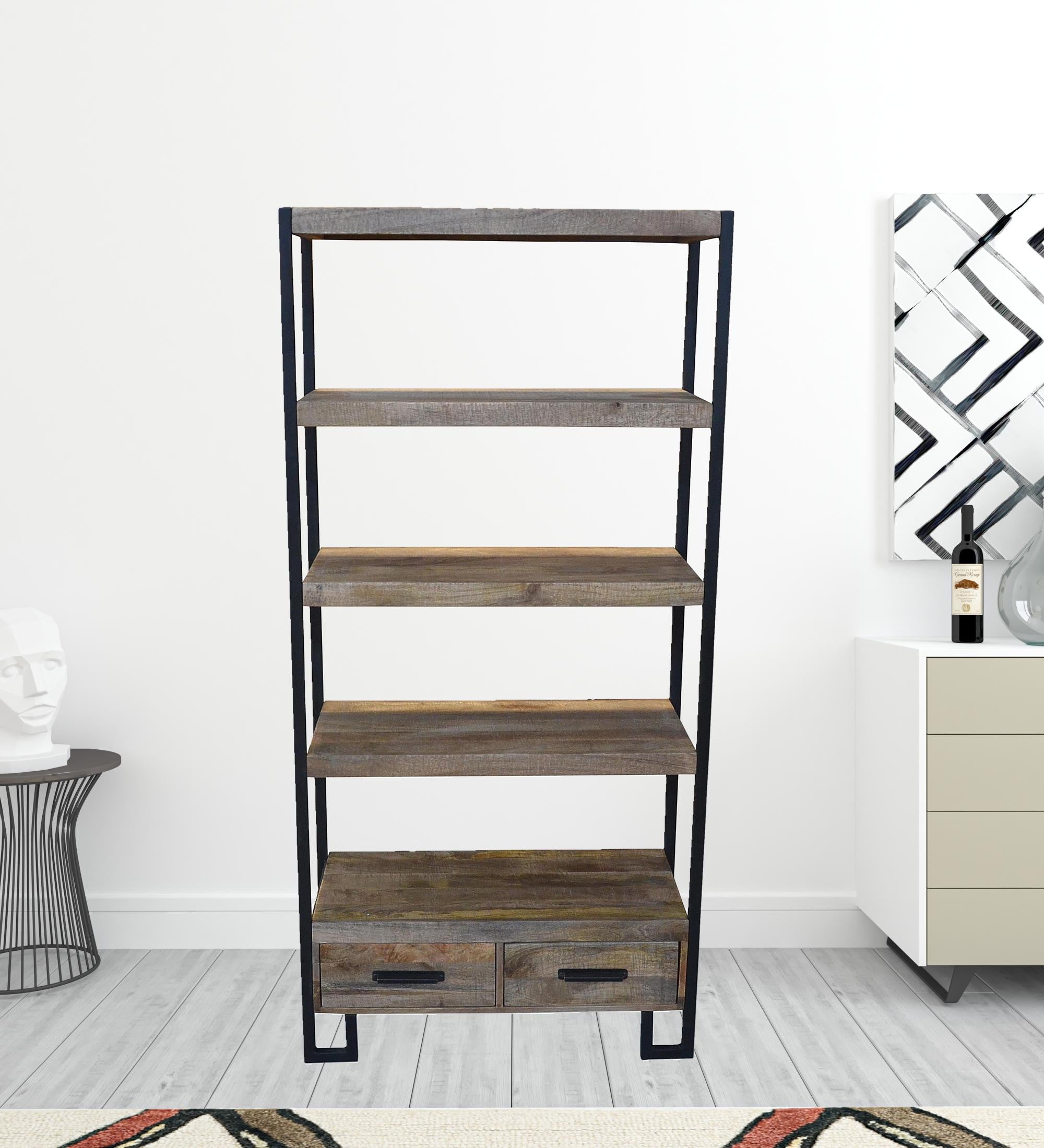 71" Distressed Solid Wood Four Tier Etagere Bookcase with Two Drawers