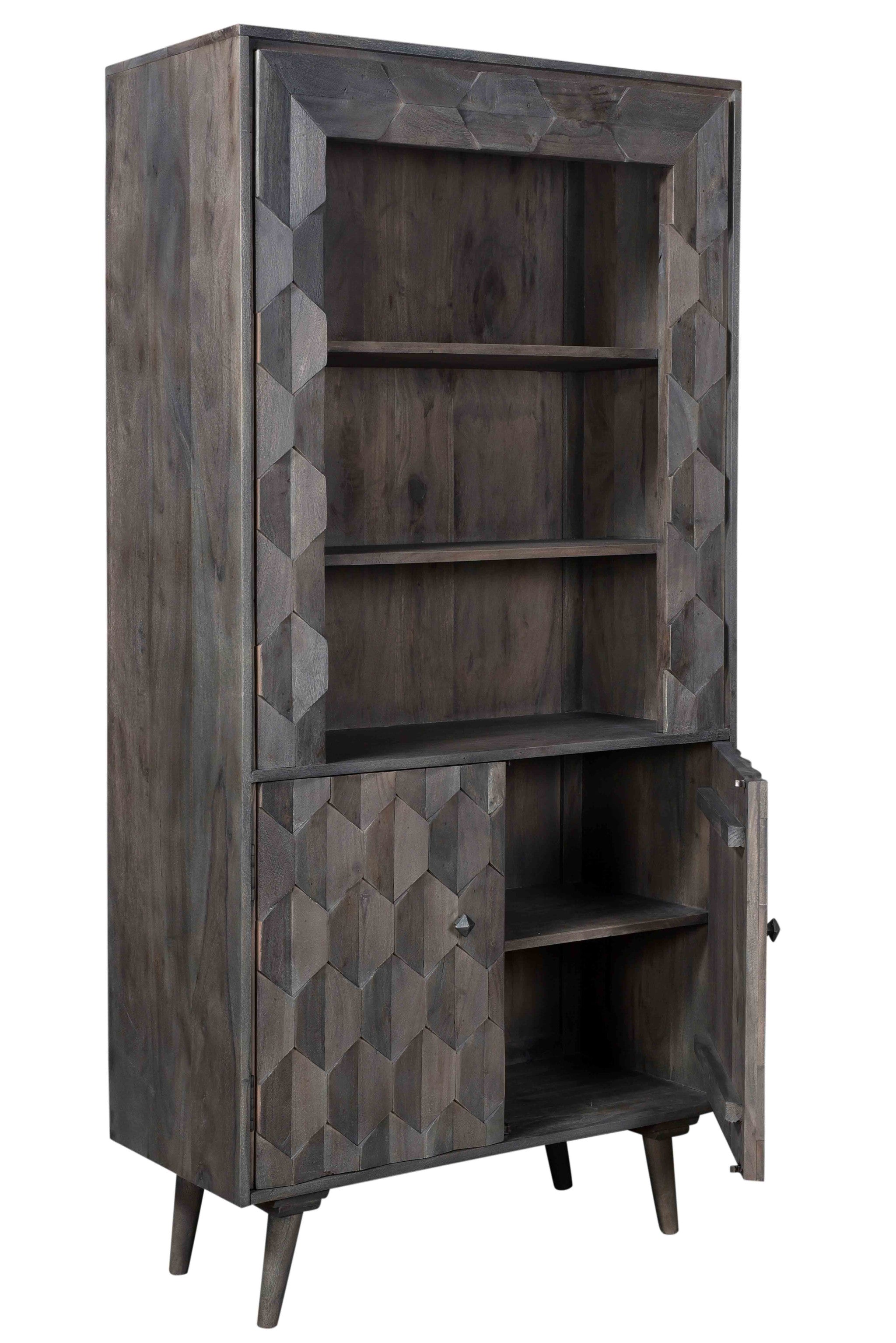 70" Distressed Solid Wood Three Tier Bookcase with Two doors